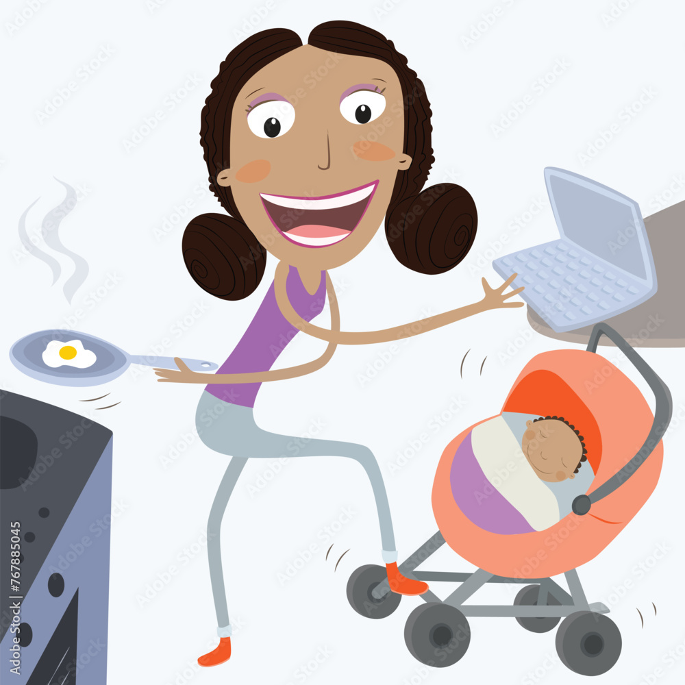 Mother's Day concept. Multitasking black girl. Vector illustration. Mother's Day concept. Multitasking black girl. Vector illustration.