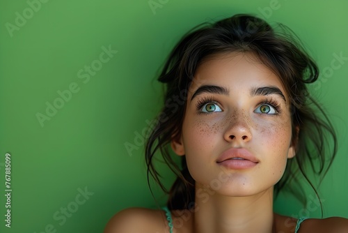 Close-up of a happy and curly-haired brunette wearing a crop top and gazing upside down against green backdrop, Generative AI. photo