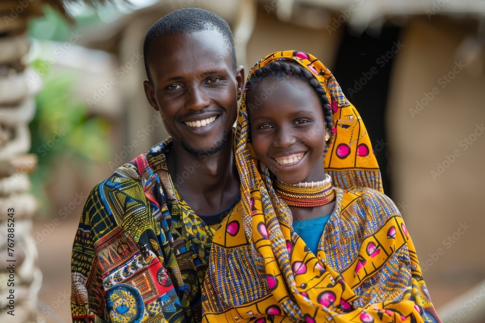 Portrait of happy young African couple wearing colorful ethnic clothes. Cheerful smiling young black man and woman in traditional costumes posing outdoors.