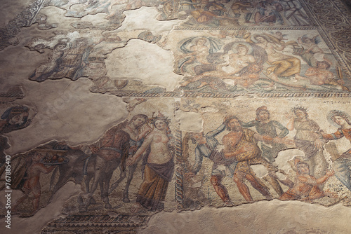 Mythology scene on a mosaic in Aion House - Roman villa in Archaeological Park of Paphos, Cyprus photo