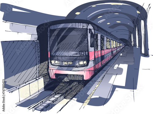 Approaching Metro Station Train. Hand-Drawn Sketch. Handmade Vector, Not AI