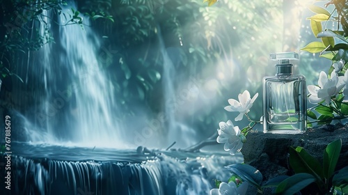 Waterfall backdrop with a perfume bottle standing strong, power and grace theme no dust