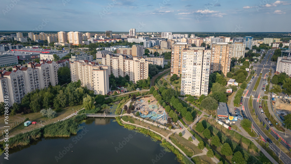 Residential buildings over Balaton Lake in Goclaw area, South Praga district of Warsaw, Poland