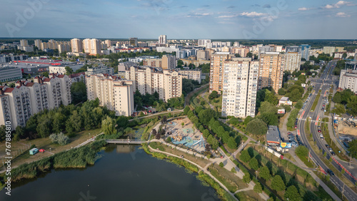 Residential buildings over Balaton Lake in Goclaw area  South Praga district of Warsaw  Poland