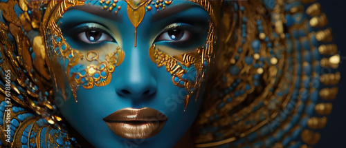 Intricate Golden Face Paint on Blue Skin Tone