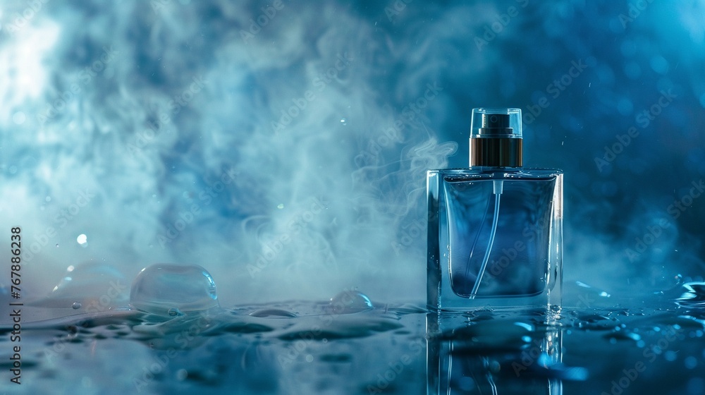 Perfume bottle shrouded in mist, with a serene water background low noise Perfume bottle shrouded in mist, with a serene water background low noise