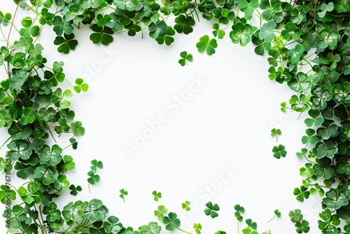 Card template with empty space for St. Patrick's Day with green four and clover on white background, party invitation design.