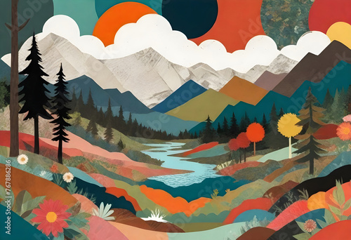 a colorful painting and photo collage of a mountain landscape with trees and flowers