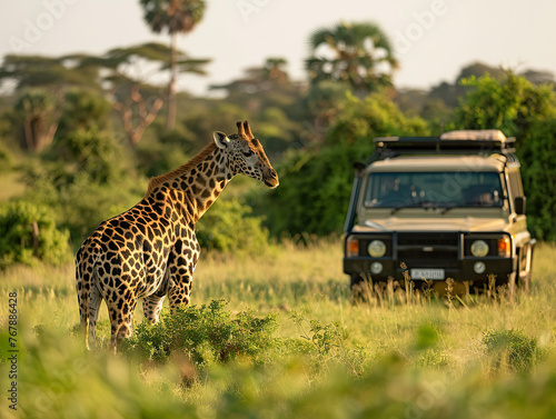 Giraffe in natural habitat with safari vehicle. 