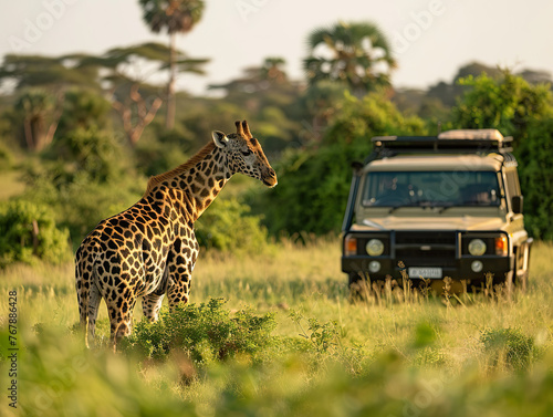 Giraffe in natural habitat with safari vehicle.  photo