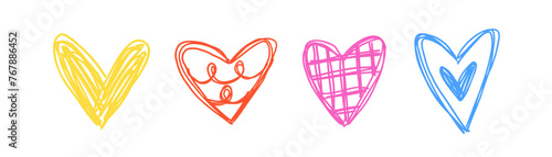 Set of doodle hearts of different shapes drawn by hand. Vector simple illustration.