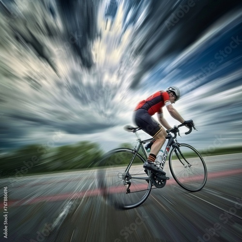Highspeed cyclist battling against a strong wind, dynamic motion no splash