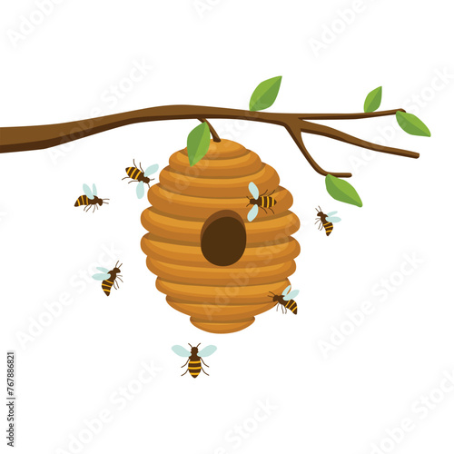 honey beehive hanging on a tree branch with bees flying around