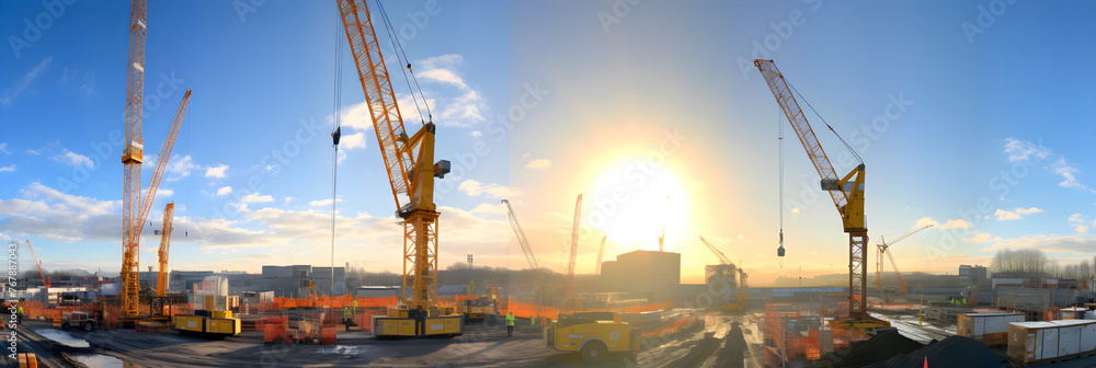 Dynamic Construction Site: A Towering Yellow Crane in Full Operation Under A Clear Azure Sky