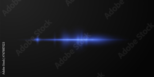 Blue horizontal lens flares pack. Laser beams, horizontal light rays.Beautiful light flares. Glowing streaks on dark background. Collection effect light blue line png.