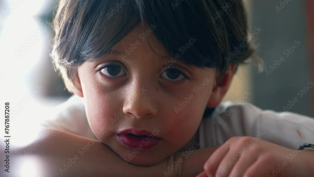 One small boy shrugging shoulders displaying doubt while in deep mental reflection, close-up face of contemplative kid indifferent to solution One small boy shrugging shoulders displaying doubt while in deep mental reflection, close-up face of contemplative kid indifferent to solution