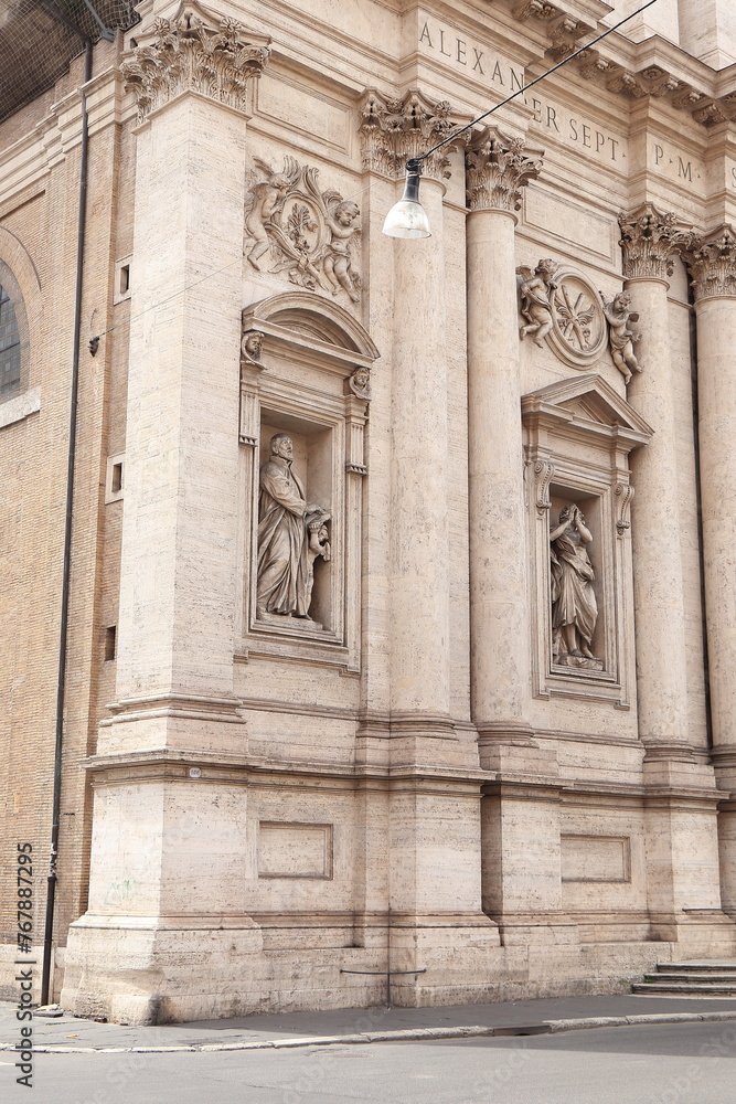 Sant'Andrea della Valle Basilica Facade Detail with Statues in Rome, Italy