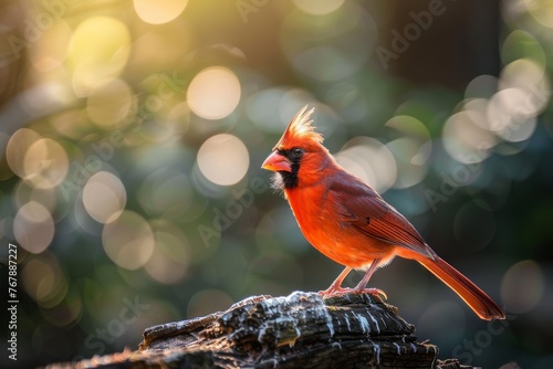 A striking red cardinal perched on a rock against a bokeh of sunlit foliage, a vibrant capture of wildlife and the beauty of avian creatures.