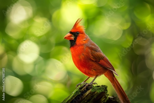 A striking red cardinal perched on a rock against a bokeh of sunlit foliage, a vibrant capture of wildlife and the beauty of avian creatures.