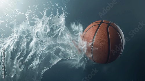 Basketball frozen in midair with a whirlwind around it, energy and movement no dust © kitidach