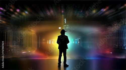 A person stands before a visually arresting data tunnel, representing concepts of big data, cyber security, and digital information flow.
