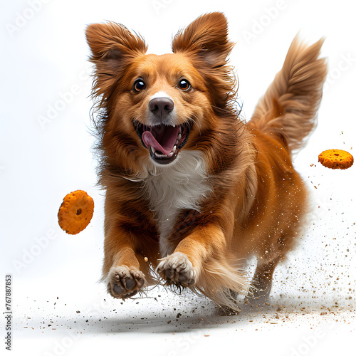 Dog playing with a frisbee isolated on white background, png 
