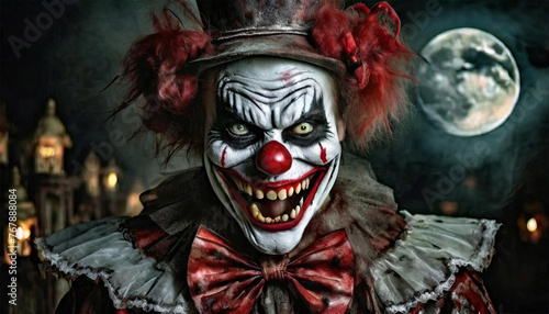 Portrait of scary spooky clown monster, illustration.