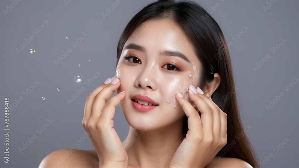 Pretty asian women for face wash product model, with hand on her face Pretty asian women for face wash product model, with hand on her face