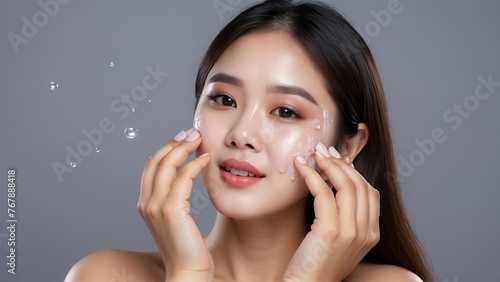 Pretty asian women for face wash product model, with hand on her face
