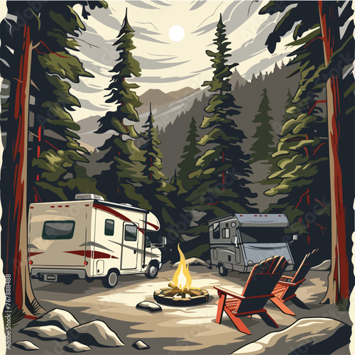 illustration of camping in the forest and campfire