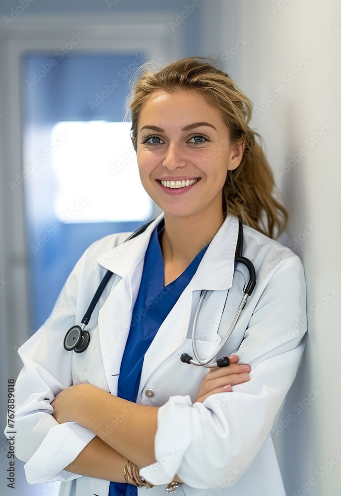 Smiling female doctor in lab coat with arms crossed against blue background Smiling female doctor in lab coat with arms crossed against blue background