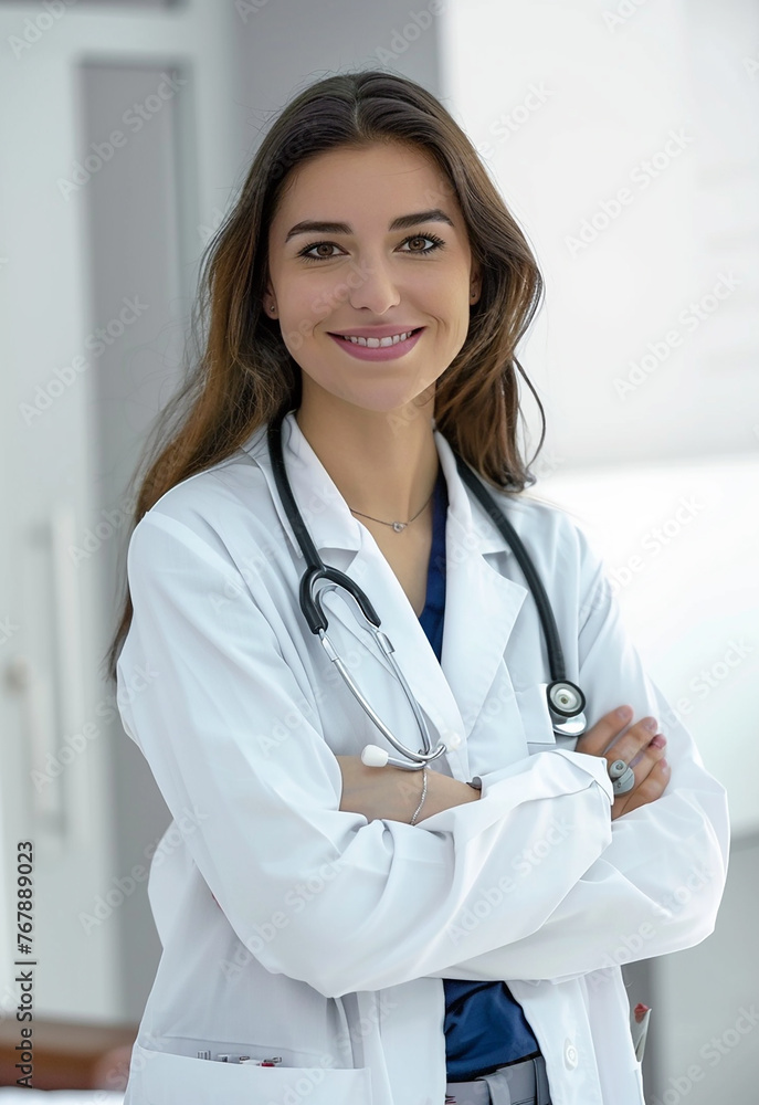 Smiling female doctor in lab coat with arms crossed against blue background Smiling female doctor in lab coat with arms crossed against blue background