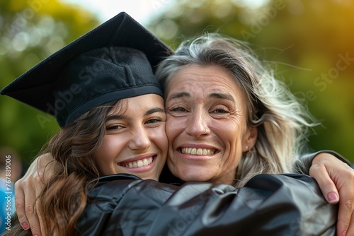 Exuberant young woman with graduation hat embracing her mother during ceremony against blurry background with space for text, Generative AI. photo