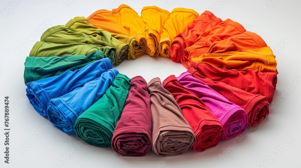 Rainbow circle of neatly folded t-shirts from warm to cool tones, overhead shot, Concept of color spectrum, organization, and fashion variety. Rainbow circle of neatly folded t-shirts from warm to cool tones, overhead shot, Concept of color spectrum, organization, and fashion variety.