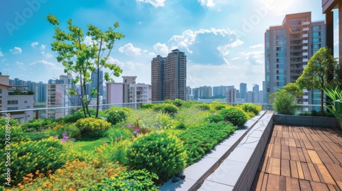 A stunning rooftop garden offering a lush green space with vibrant flowers  against a panoramic urban skyline under a clear blue sky.