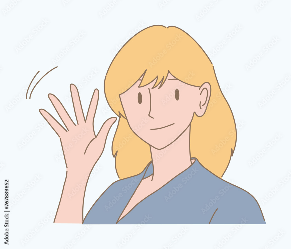 Happy woman waving hand, saying hi, greeting gesture. Hand drawn flat cartoon character vector illustration. Happy woman waving hand, saying hi, greeting gesture. Hand drawn flat cartoon character vector illustration.