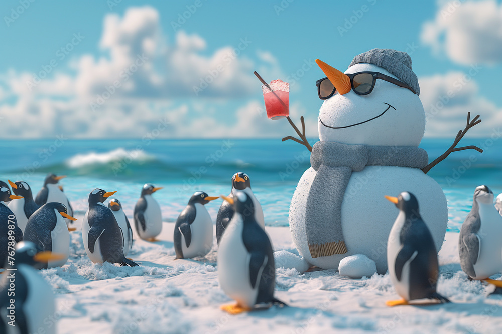Fototapeta premium Snowman Lounging Beach, Penguins, Sunglasses