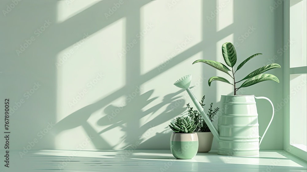 Minimalist style room with soft pastel background, potted plants and watering can on the table, sunlight shadow effect, white wall, close-up.