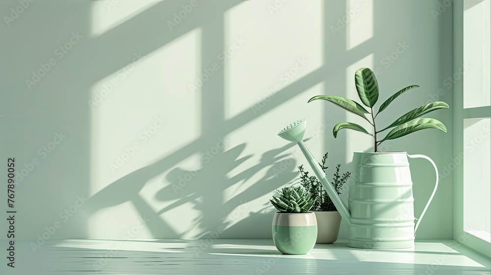 Minimalist style room with soft pastel background, potted plants and watering can on the table, sunlight shadow effect, white wall, close-up. Minimalist style room with soft pastel background, potted plants and watering can on the table, sunlight shadow effect, white wall, close-up.