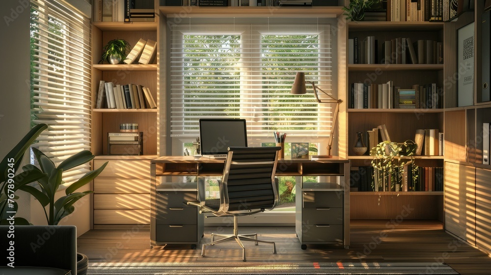 A modern style home office with a desk, laptop and books on a shelf behind it. White window blinds outside the window, a light wood bookcase next to the computer desk, a comfortable office chair A modern style home office with a desk, laptop and books on a shelf behind it. White window blinds outside the window, a light wood bookcase next to the computer desk, a comfortable office chair