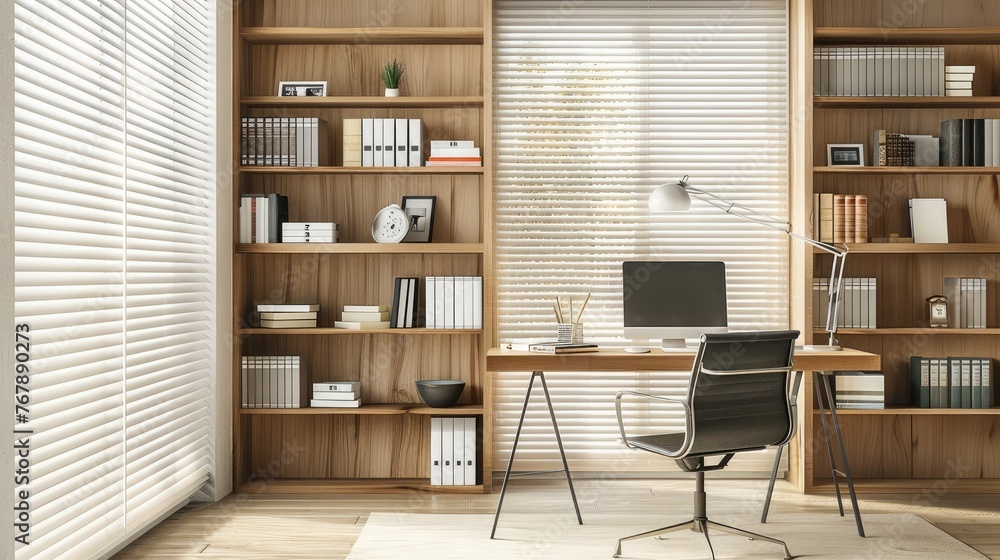 A modern style home office with a desk, laptop and books on a shelf behind it. White window blinds outside the window, a light wood bookcase next to the computer desk, a comfortable office chair. A modern style home office with a desk, laptop and books on a shelf behind it. White window blinds outside the window, a light wood bookcase next to the computer desk, a comfortable office chair.