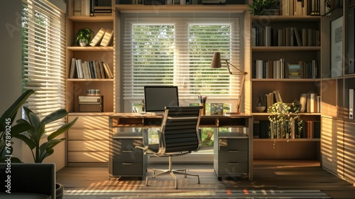 A modern style home office with a desk  laptop and books on a shelf behind it. White window blinds outside the window  a light wood bookcase next to the computer desk  a comfortable office chair