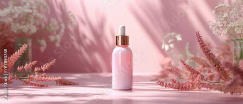 Pink floral showcase with cream jar, container, serum bottle, surreal flowers in trendy pastel color. Shadows effect.Skin Care, makeup concept. Cosmetic product presentation. Generative ai