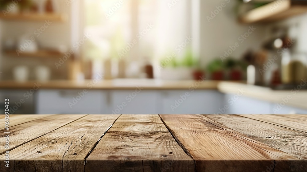 An empty beautiful wooden countertop and a blurred background of the interior of a modern kitchen. Product layout, product demonstration. Mockup. Aesthetic wooden counter.