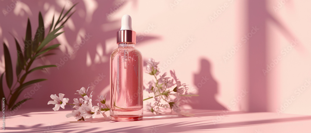 Pink floral showcase with cream jar, container, serum bottle, surreal flowers in trendy pastel color. Shadows effect.Skin Care, makeup concept. Cosmetic product presentation. Generative ai Pink floral showcase with cream jar, container, serum bottle, surreal flowers in trendy pastel color. Shadows effect.Skin Care, makeup concept. Cosmetic product presentation. Generative ai