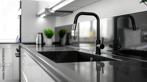 Black kitchen faucet  white cabinets and black countertop with sink on top. The modern interior design is simple yet elegant  with an airy lens that captures the detail.