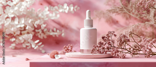 Pink floral showcase with cream jar, container, serum bottle, surreal flowers in trendy pastel color.  Shadows effect.Skin Care, makeup concept. Cosmetic product presentation. Generative ai