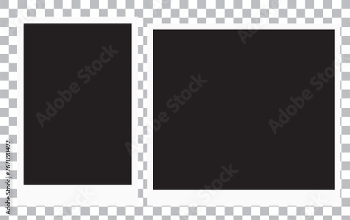 Realistic Polaroid photo frame mockup set. Isolated frame card vintage photography on alpha background. Empty retro snapshot image with white frames. White paper border. Vector design illustration