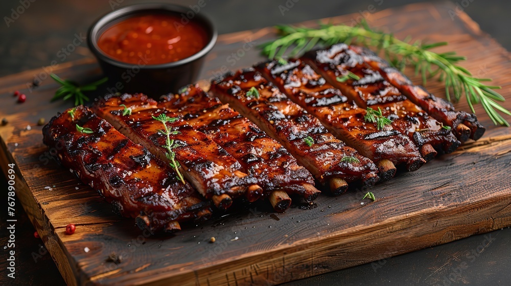 Fresh Barbecue beef spare on a wooden board loin ribs St Louis cut with a big space for text or product and top view, Generative AI.