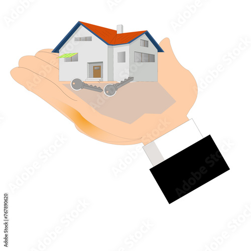 Présentation d'une maison avec trousseau de clés sur main humaine destinée à la vente